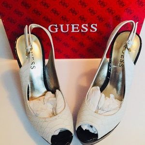 NIB Guess peep toe white sling back heels size 6